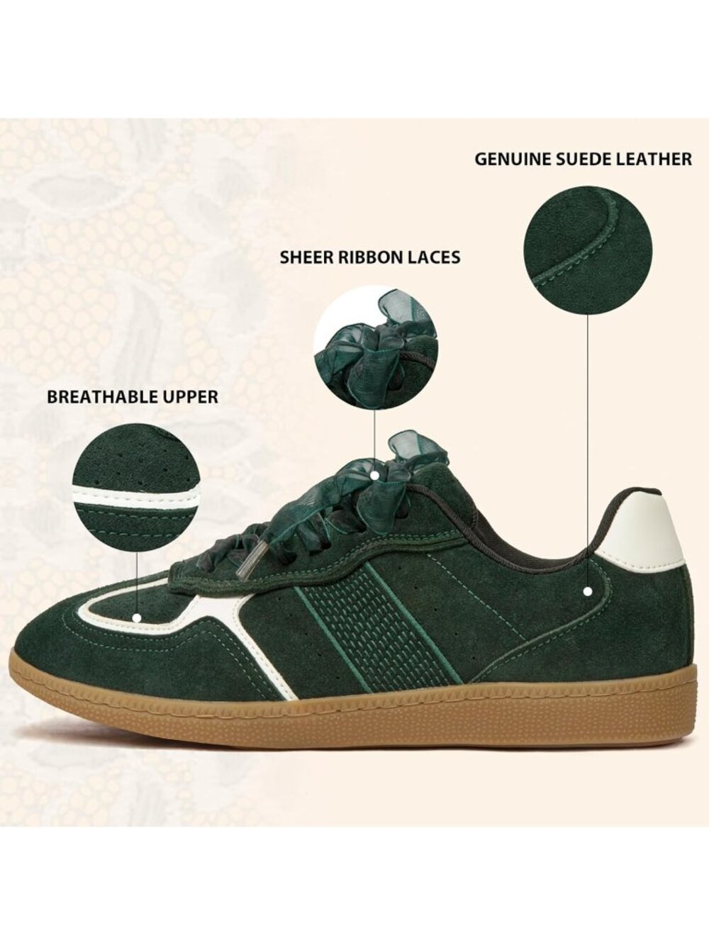 Women's Green Elegant Ribbon Lace Up Breathable Memory Foam Insole Sneakers - Picture 4 of 6